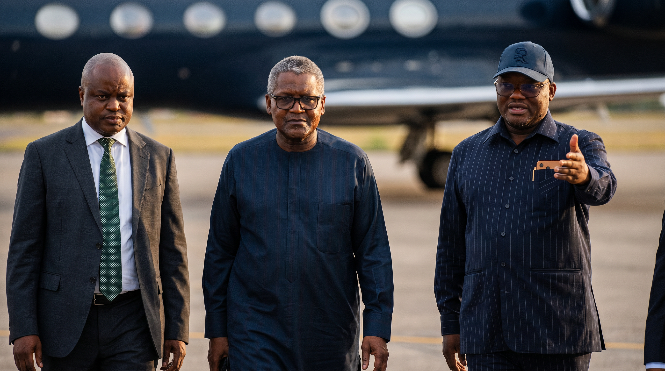 Dr Paul Tungwarara welcomes Aliko Dangote on a Zimbabwean airfield during a continental investment engagement